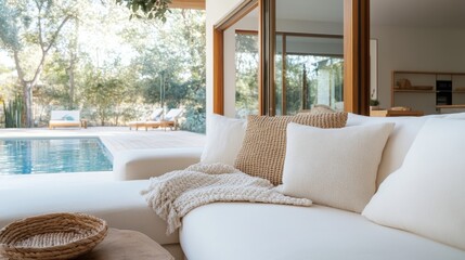 A bright and airy poolside seating area with a white sectional sofa adorned with pillows, surrounded by lush greenery and modern design elements, perfect for relaxation.