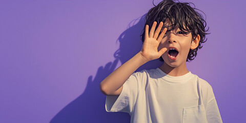 Young Boy With Open Mouth Surprised on Purple Background - Copy Space