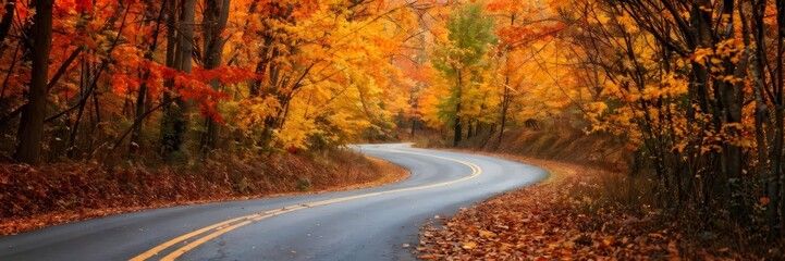 Naklejka premium Winding road through autumn forest, vibrant fall colors, travel inspiration landscape