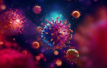 Microscopic view of a virus with spiky projections, rendered in vibrant red, purple, and orange.