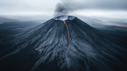 This striking image highlights a steady stream of glowing lava descending a mountain slope, with billowing smoke and ash clouds suggesting an ongoing intense volcanic activity.