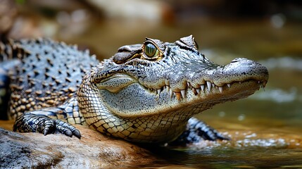 Fototapeta premium A close-up portrait of a young alligator with sharp teeth and green eyes.