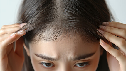 Fototapeta premium Young woman with hair loss problem, closeup. Hair loss problem