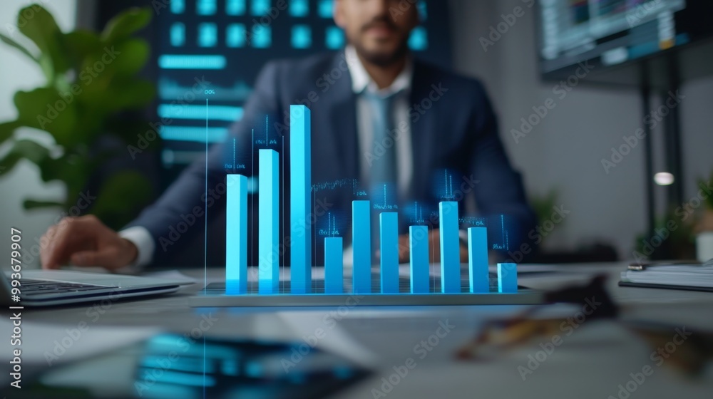 Poster A businessman presenting a 3D bar chart in a modern office, with data bars floating above the table, emphasizing growth and success in business performance