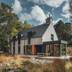 Obraz premium Modern house in the Scottish Highlands. sunny weather. in modern Scottish style
