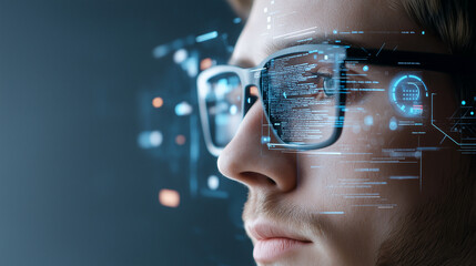 Innovative technology is showcased through close up of person wearing smart glasses, displaying digital data and graphics. futuristic design highlights integration of AI and augmented reality