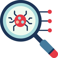magnifying glass showing a computer virus in a network, icon