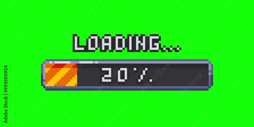 Aufkleber Pixel art loading animation, retro game start, 8 bit, download bar screen. Pixelated progress animation. Loading from 0 to 100 percent. Video on green background