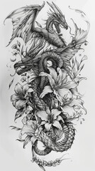 black and white tattoo, sketch, manticore, harpy, gorgon medusa, cherub, raven, centipede, lilies, white background, engraving, sleeve tattoos