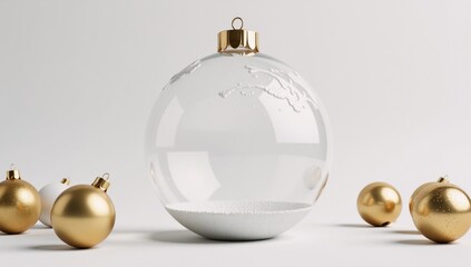 3D render White  Gold winter-themed Christmas decorations with an isolated empty glass snowball on a white background