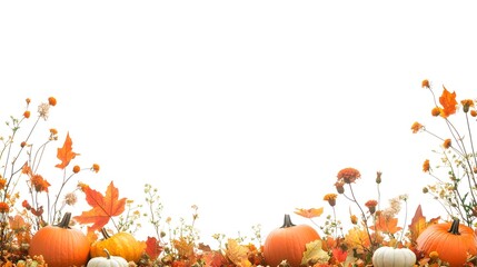Fototapeta premium A white background with a fall-themed border made of pumpkins, leaves, and sunflowers on the right side