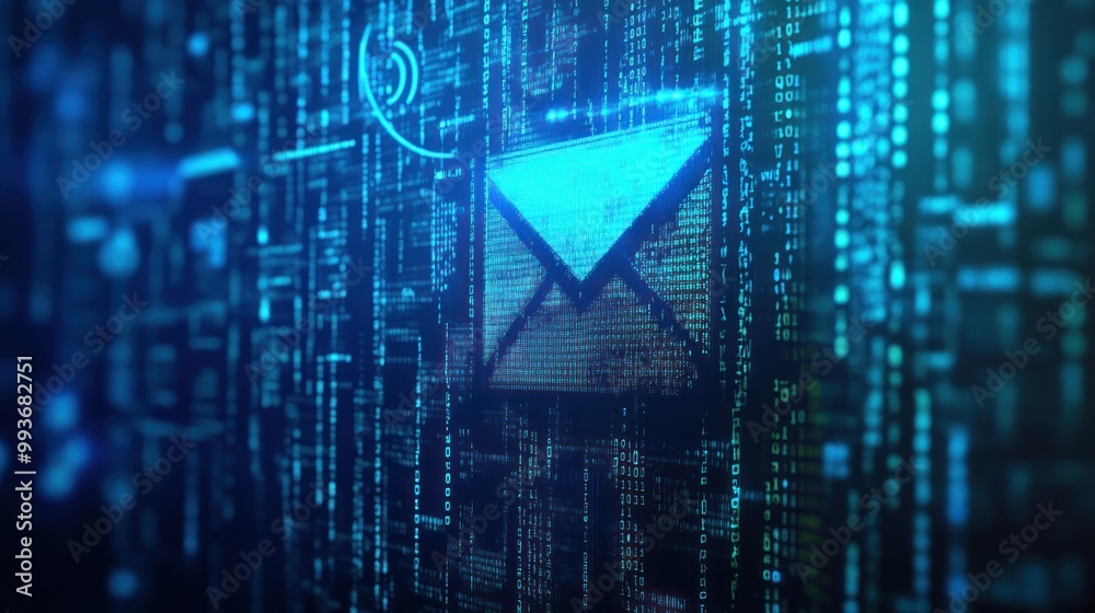 Poster digital representation of an email icon amidst a backdrop of binary code.