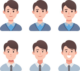 material of a simple face icons set of a young man in a casual suit, icon