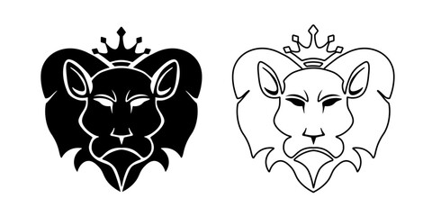 Obraz premium Lion heads with corona. Leo black emblems. Luxury dark tattoo. Royal black outline.