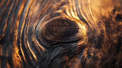 Closeup of a knot in a weathered wooden surface with a warm glow.
