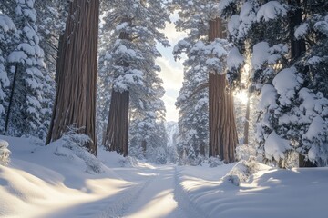 Snow-Covered Trees and a Path Through a Winter Forest