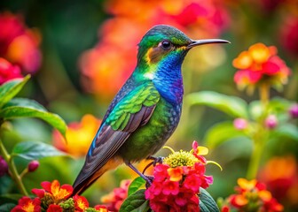 Obraz premium Vibrant Hummingbird Wallpaper with Colorful Flowers and Lush Greenery in a Natural Setting