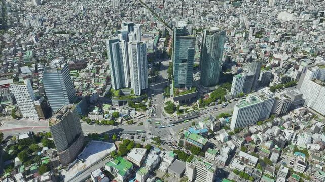 Drone View of Seoul city in South Korea, Hapjeong Station, Hot place, Summer, 60fps