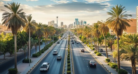 Aerial View of Riyadh: Palm Trees Lining the Streets. AI generated illustration