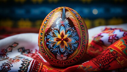 Intricately Hand-Painted Traditional Easter Egg on Embroidered Cloth
