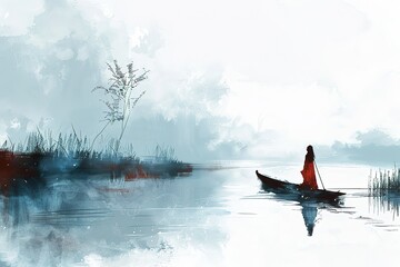 Fototapeta premium Watercolor illustration of a blue fishing boat near a wooden jetty on a lake, with reeds on the left and trees on the right