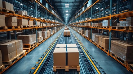 Parcel sorting area in a modern distribution center, freight forwarding operations