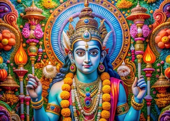 Naklejka premium Vibrant Jai Shree Ram Wallpaper with Colorful Hindu Religious Symbols and Spiritual Elements