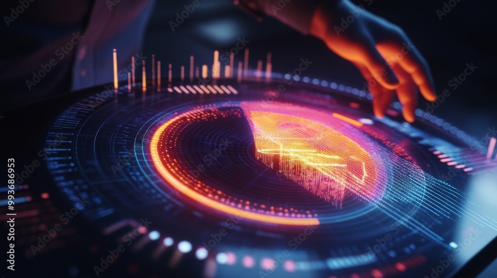 Poster A close-up of a futuristic 3D pie chart projected in mid-air, with glowing segments representing market share, surrounded by a businessman analyzing the data.