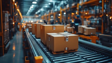 Parcel delivery system with workers sorting packages in a busy warehouse