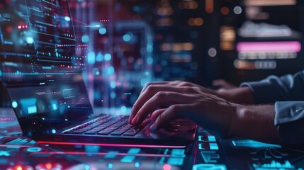 Innovative Digital Software Development: Developer Typing on Keyboard with Code and Data Visualization at Night in Futuristic Setting