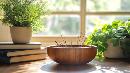 Serene Acupressure Needles in a Wooden Bowl with Greenery. AI generated illustration