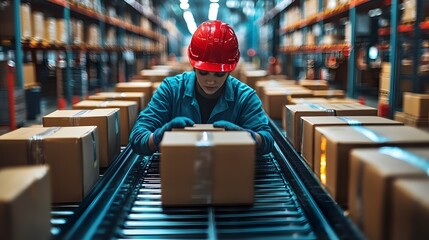 Workers packing and labeling goods for delivery in a large distribution warehouse