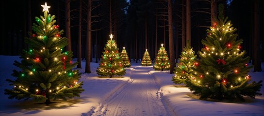 Magical forest featuring Christmas trees and twinkling lights
