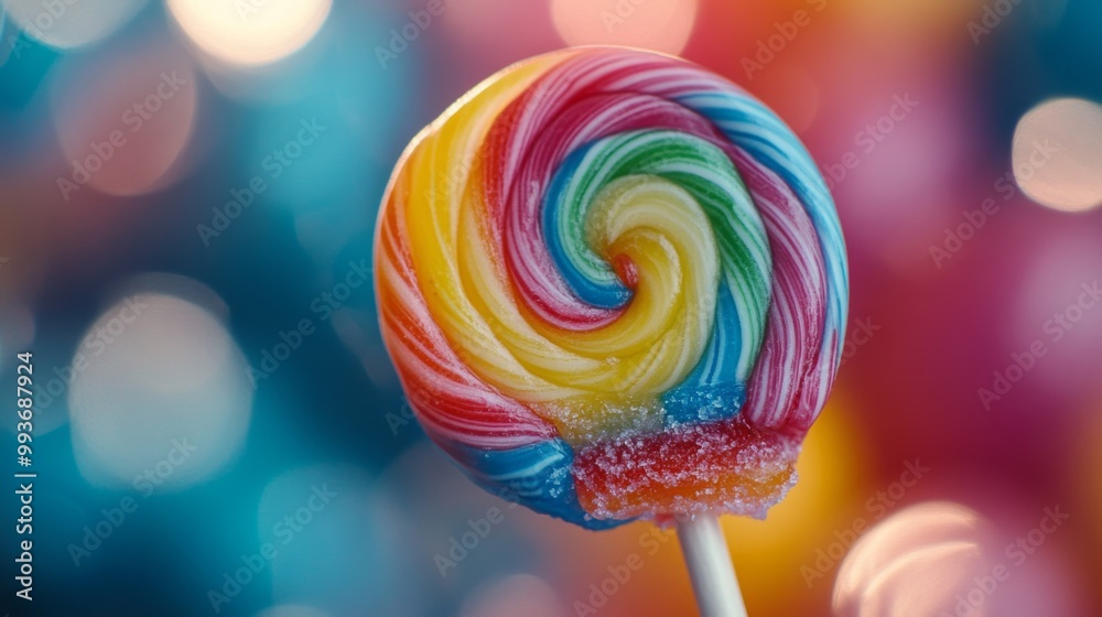 Poster A close-up of a lollipop with a bite taken out, revealing its colorful layers, emphasizing the delightful experience of enjoying candy.