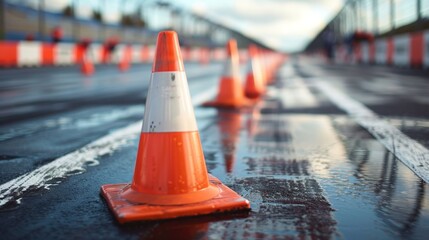Vibrant Orange Striped Cones Marking the Race Track