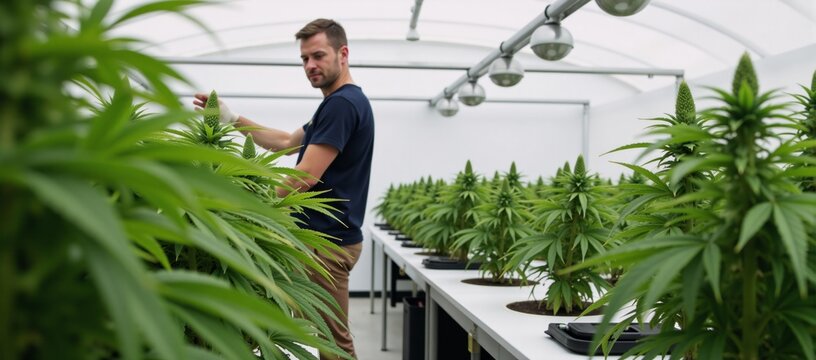 Male employee tendering to legal cannabis plants within a commercial hemp greenhouse