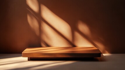 Naklejka premium A minimalist wooden display platform with soft shadows against a warm background.
