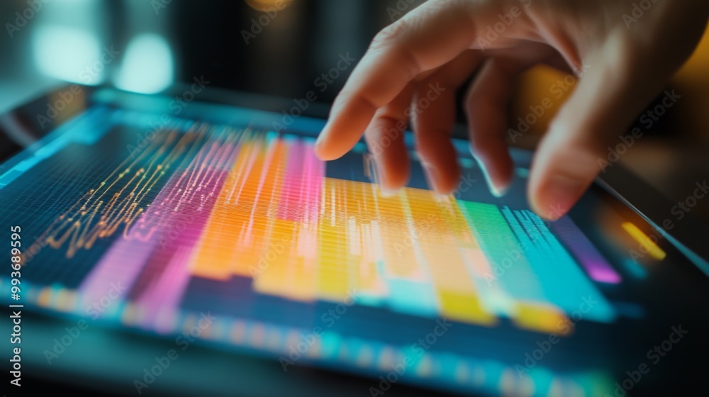 Leinwandbilder a close-up of a multicolored 3d bar chart on a digital tablet, with hands interacting with the chart