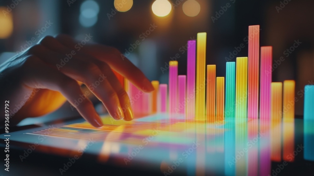 Leinwandbilder a close-up of a multicolored 3d bar chart on a digital tablet, with hands interacting with the chart