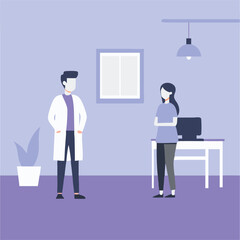 doctor consultation with patient standing in front of doctor room office hospital with modern flat