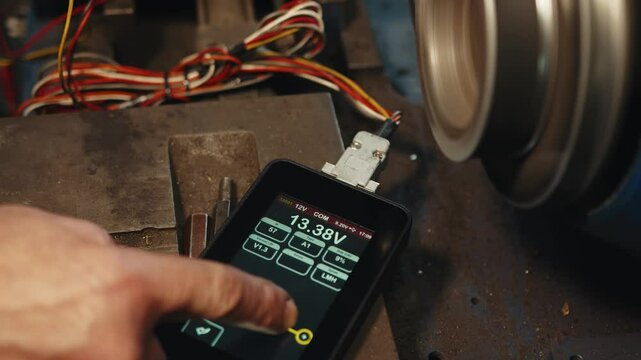 Electrical test bench ammeter and hand presses buttons on display changing voltage 