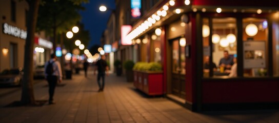 Fototapeta premium Bokeh-style image showcasing a vibrant night scene at a busy urban street bar with glowing neon signs and twinkling lights overlooking a bustling restaurant