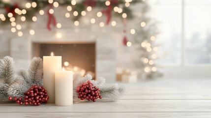 A serene winter scene featuring white candles surrounded by festive berries and greenery, perfect for holiday decor inspiration.
