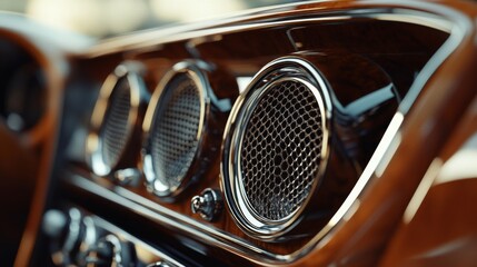 A close-up of a speaker grille in a luxury car, highlighting its craftsmanship and quality materials, with reflections from the dashboard in the background.