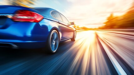 A dynamic shot of a blue car in motion, emphasizing speed and movement on a road during sunset.