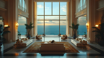 Luxury Living Room with Ocean View 3D Illustration