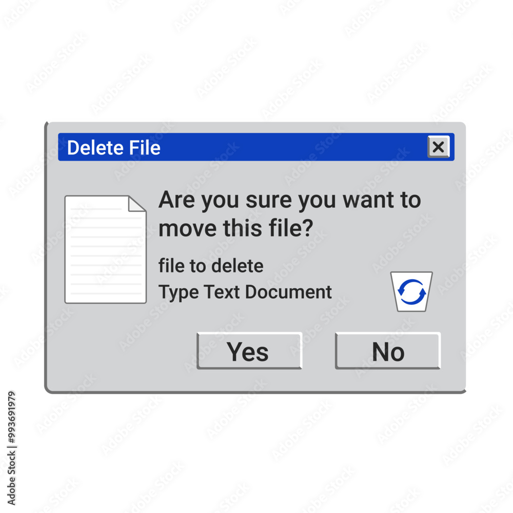 Poster retro delete file message. recycling bin window. remove text document. delete documents pop up.