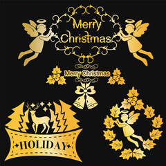 set of Christmas elements in gold color on a black background