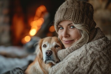 A woman and her dog enjoy a cozy moment by the fire, wrapped in warm knitwear, smiling contentedly.