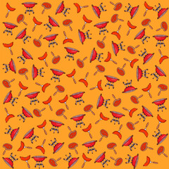 Seamless BBQ pattern with barbecue grilled food on white background. Endless repeating texture with barbeque kebab, meat, shrimp, sauces and vegetables. Colored flat vector illustration for printing